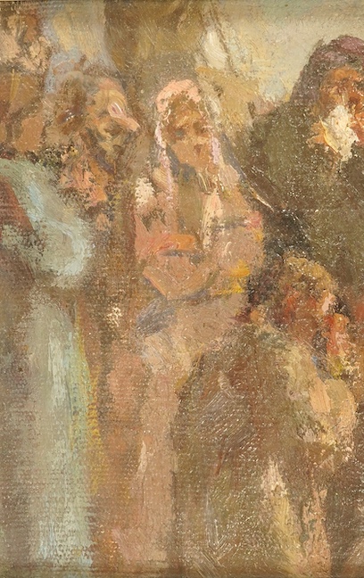 Modern British, small oil, Figural study, unsigned, 16.5 x 11cm. Condition - good, loose within the frame